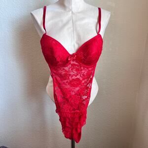 Tracy Red Lace lingerie one piece sleepwear suit boudoir womens Medium bra C